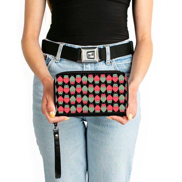 Buckle-Down PU Zip Around Wallet Rectangle - Owls Flip Black/Mauve/Sage