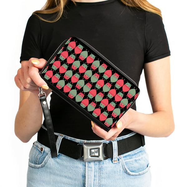 Buckle-Down PU Zip Around Wallet Rectangle - Owls Flip Black/Mauve/Sage