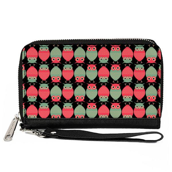 Buckle-Down PU Zip Around Wallet Rectangle - Owls Flip Black/Mauve/Sage