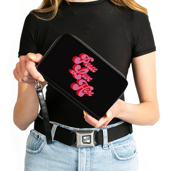 Buckle-Down PU Zip Around Wallet Rectangle - PEACE LOVE HOPE Script Black Red Pink