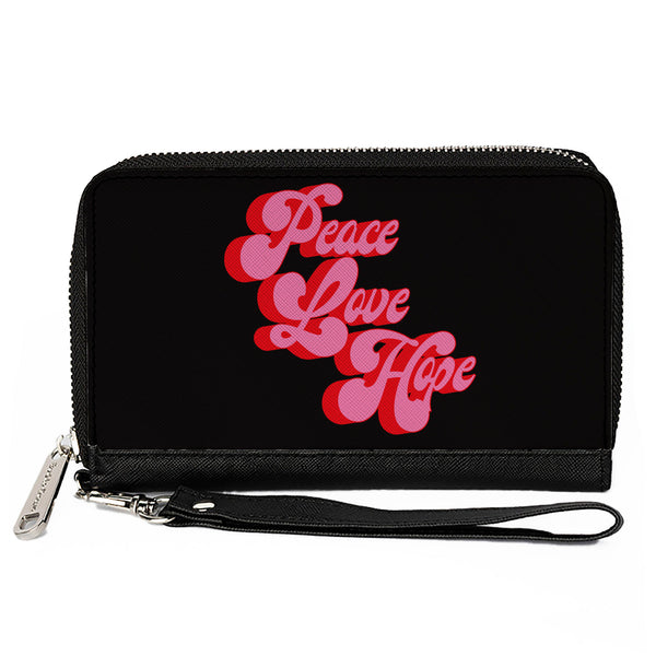 Buckle-Down PU Zip Around Wallet Rectangle - PEACE LOVE HOPE Script Black Red Pink