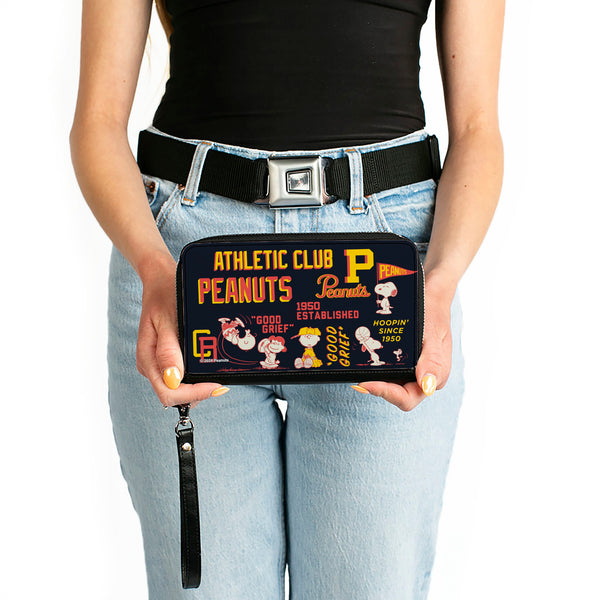 Buckle-Down PU Zip Around Wallet Rectangle - PEANUTS ATHLETIC CLUB Varsity Poses And Quotes Collage Black/Red/Yellow
