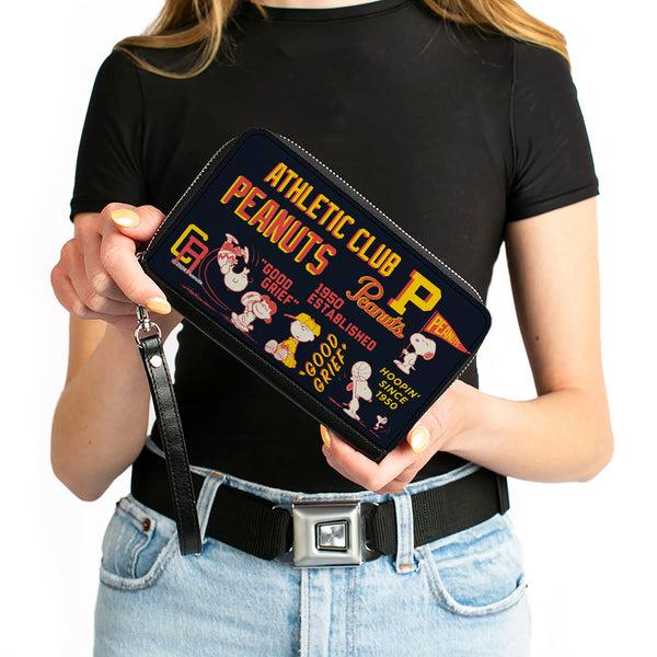 Buckle-Down PU Zip Around Wallet Rectangle - PEANUTS ATHLETIC CLUB Varsity Poses And Quotes Collage Black/Red/Yellow