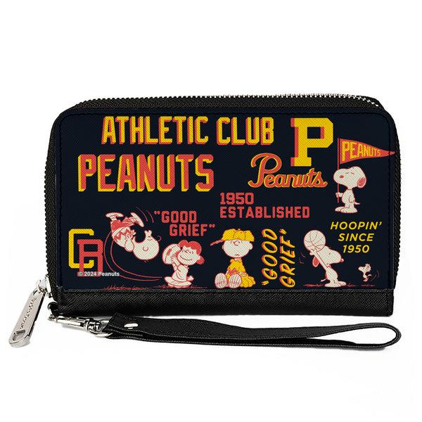 Buckle-Down PU Zip Around Wallet Rectangle - PEANUTS ATHLETIC CLUB Varsity Poses and Quotes Collage Black/Red/Yellow