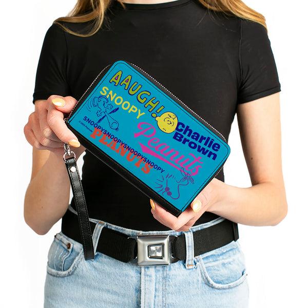 Buckle-Down PU Zip Around Wallet Rectangle - PEANUTS Charlie Brown Snoopy And Woodstock Typography Collage Blue/Multi Color