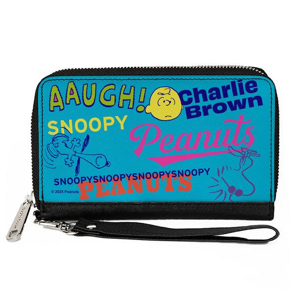 Buckle-Down PU Zip Around Wallet Rectangle - PEANUTS Charlie Brown Snoopy and Woodstock Typography Collage Blue/Multi Color