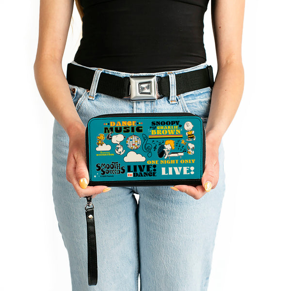 Buckle-Down PU Zip Around Wallet Rectangle - Peanuts Gang DANCE MUSIC Poses And Quotes Blue/Multi Color