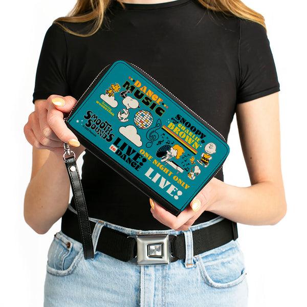 Buckle-Down PU Zip Around Wallet Rectangle - Peanuts Gang DANCE MUSIC Poses And Quotes Blue/Multi Color