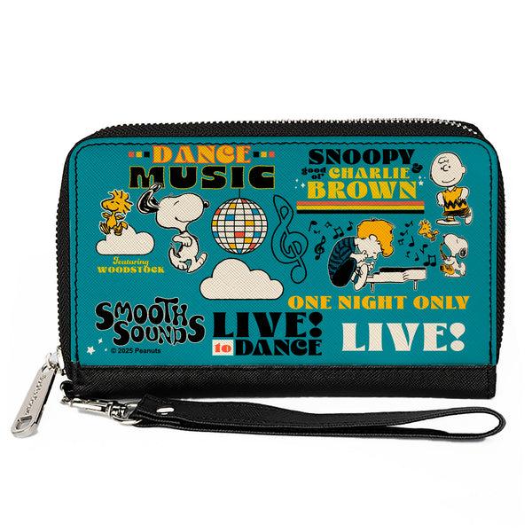 Buckle-Down PU Zip Around Wallet Rectangle - Peanuts Gang DANCE MUSIC Poses and Quotes Blue/Multi Color