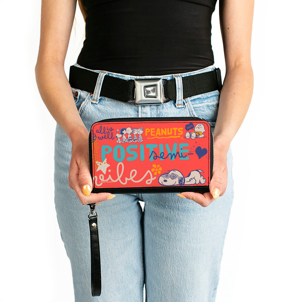 Buckle-Down PU Zip Around Wallet Rectangle - Peanuts Gang SEMI-POSITIVE VIBES Poses Red/Blues/White