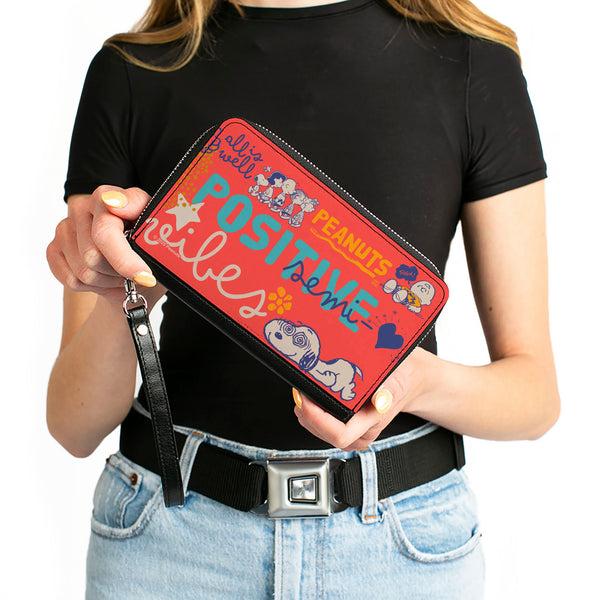 Buckle-Down PU Zip Around Wallet Rectangle - Peanuts Gang SEMI-POSITIVE VIBES Poses Red/Blues/White