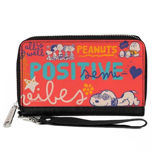 Buckle-Down PU Zip Around Wallet Rectangle - Peanuts Gang SEMI-POSITIVE VIBES Poses Red/Blues/White