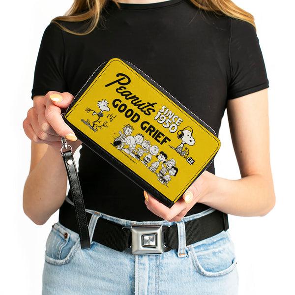 Buckle-Down PU Zip Around Wallet Rectangle - PEANUTS Gang SINCE 1950 GOOD GRIEF Group Pose Yellow/Black