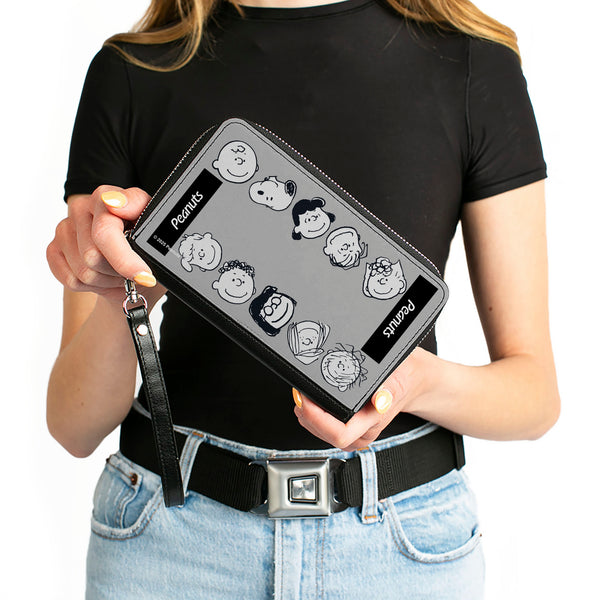 Buckle-Down PU Zip Around Wallet Rectangle - Peanuts Gang Ten Character Faces Gray/Black/White
