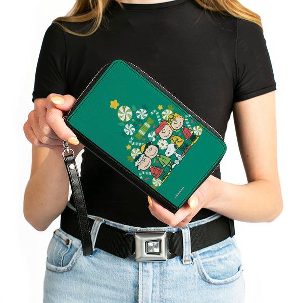 Buckle-Down PU Zip Around Wallet Rectangle - Peanuts Holiday Christmas Tree Group Pose Greens