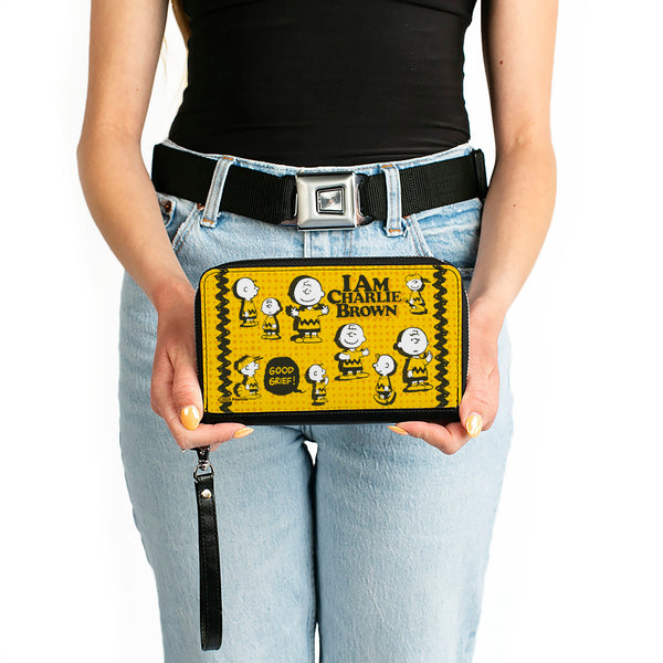 Buckle-Down PU Zip Around Wallet Rectangle - Peanuts I AM CHARLIE BROWN Poses And Zig Zag Stripe Yellows/Black