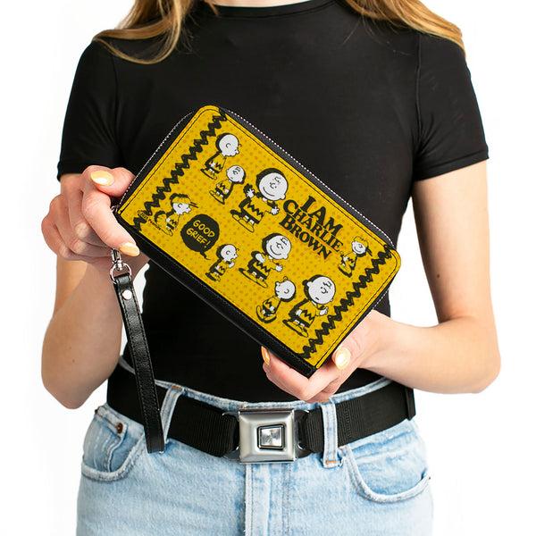 Buckle-Down PU Zip Around Wallet Rectangle - Peanuts I AM CHARLIE BROWN Poses And Zig Zag Stripe Yellows/Black