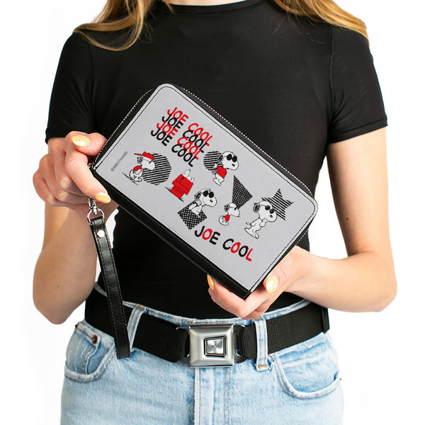 Buckle-Down PU Zip Around Wallet Rectangle - Peanuts JOE COOL Snoopy Poses And Text Gray/Black/Red/White