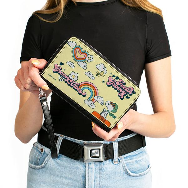Buckle-Down PU Zip Around Wallet Rectangle - Peanuts Snoopy Flying Ace And Woodstock GROOVY Quotes Collage Yellow