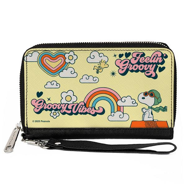 Buckle-Down PU Zip Around Wallet Rectangle - Peanuts Snoopy Flying Ace and Woodstock GROOVY Quotes Collage Yellow