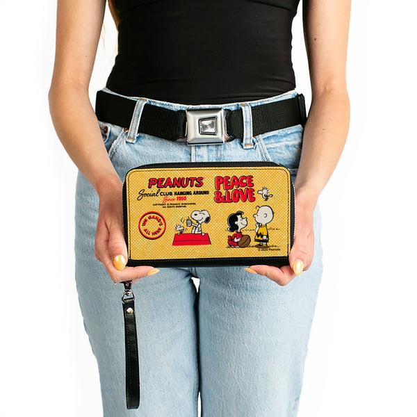 Buckle-Down PU Zip Around Wallet Rectangle - PEANUTS SOCIAL CLUB PEACE & LOVE Scenes Yellow/Red