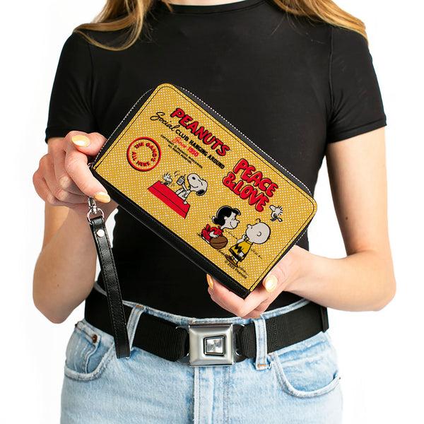 Buckle-Down PU Zip Around Wallet Rectangle - PEANUTS SOCIAL CLUB PEACE & LOVE Scenes Yellow/Red