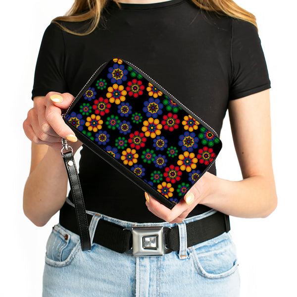 Buckle-Down PU Zip Around Wallet Rectangle - Psychedelic Daisies Black/Multi Color