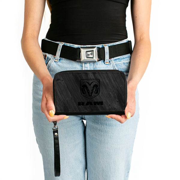 Buckle-Down PU Zip Around Wallet Rectangle - RAM Logo Wood Grain Grays