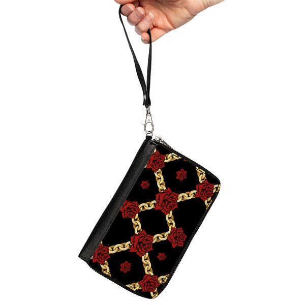 Buckle-Down PU Zip Around Wallet Rectangle - Red Roses And Gold Chain Black