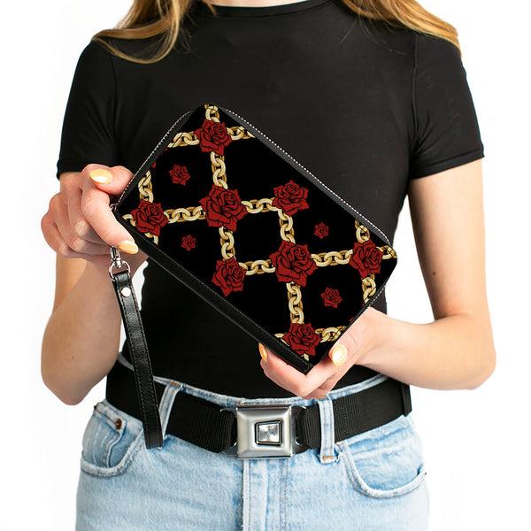 Buckle-Down PU Zip Around Wallet Rectangle - Red Roses And Gold Chain Black