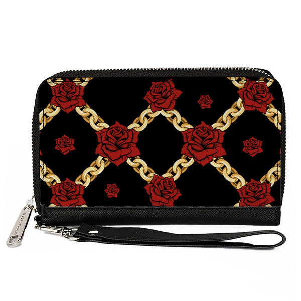 Buckle-Down PU Zip Around Wallet Rectangle - Red Roses and Gold Chain Black