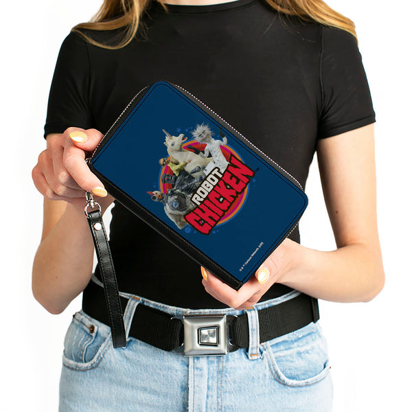 Buckle-Down PU Zip Around Wallet Rectangle - ROBOT CHICKEN Title Logo And Group Pose Blue