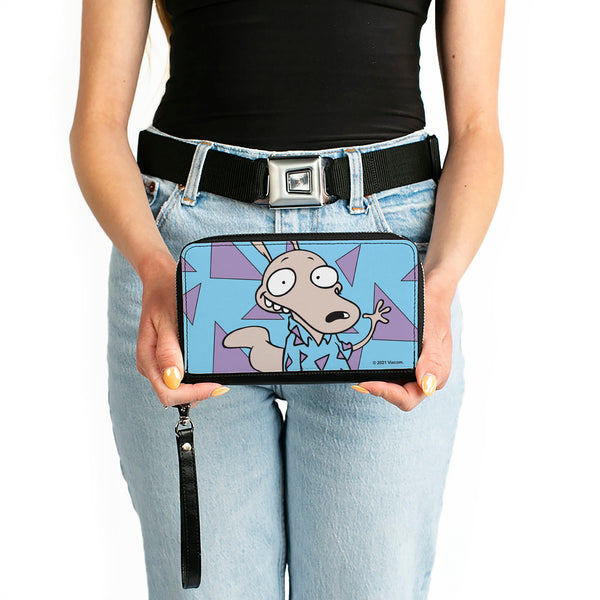 Buckle-Down PU Zip Around Wallet Rectangle - Rocko's Modern Life Rocko Waving Pose Triangles Blue Purple