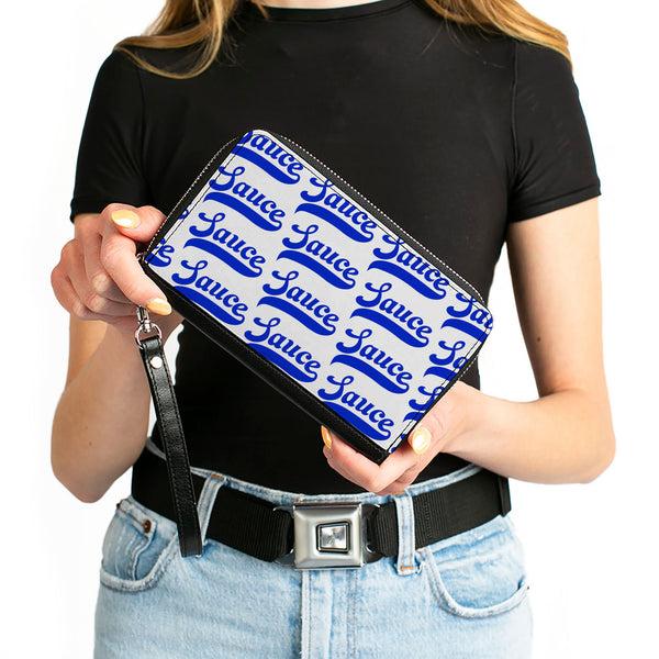 Buckle-Down PU Zip Around Wallet Rectangle - SAUCE Baseball Script White/Blue