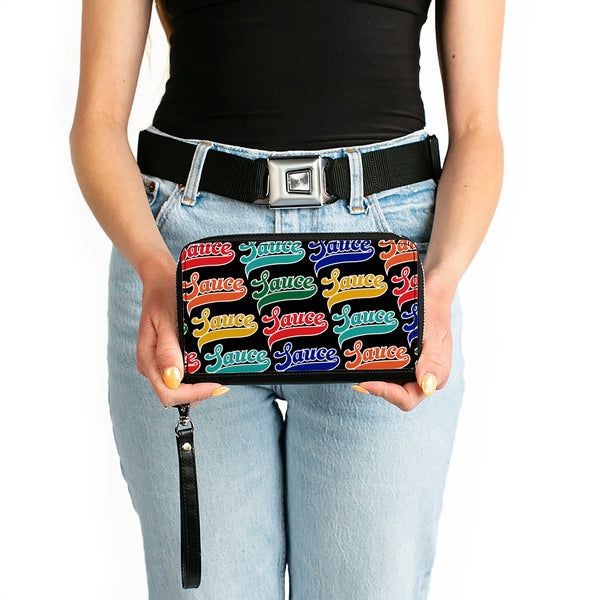 Buckle-Down PU Zip Around Wallet Rectangle - SAUCE Baseball Script Black/Multi Color