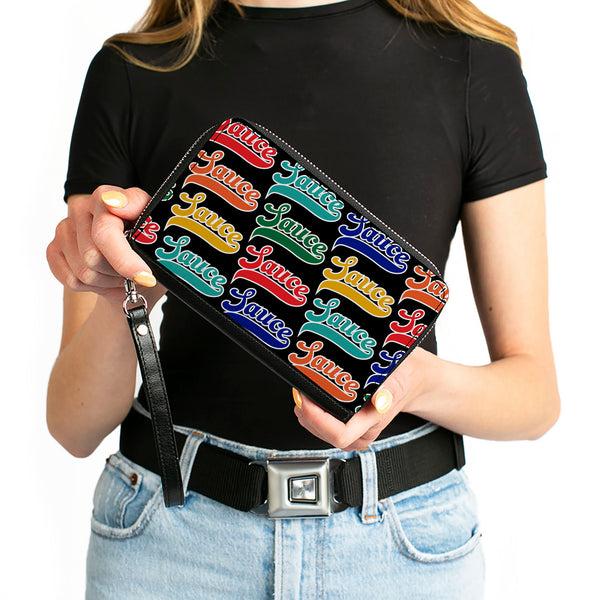 Buckle-Down PU Zip Around Wallet Rectangle - SAUCE Baseball Script Black/Multi Color