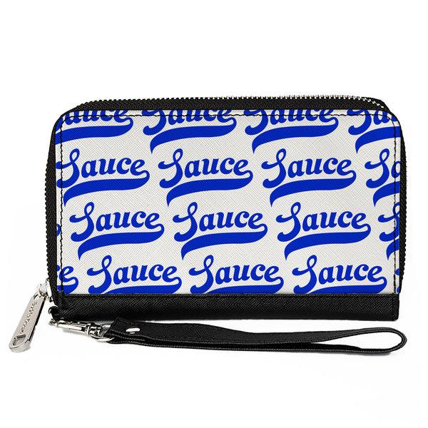 Buckle-Down PU Zip Around Wallet Rectangle - SAUCE Baseball Script White/Blue