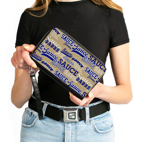 Buckle-Down PU Zip Around Wallet Rectangle - SAUCE Typography Collage Tan/White/Blue