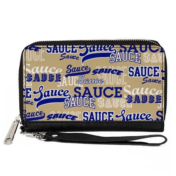 Buckle-Down PU Zip Around Wallet Rectangle - SAUCE Typography Collage Tan/White/Blue