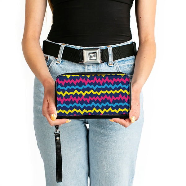 Buckle-Down PU Zip Around Wallet Rectangle - Scribble Zig Zag Stripe Navy/Multi Color