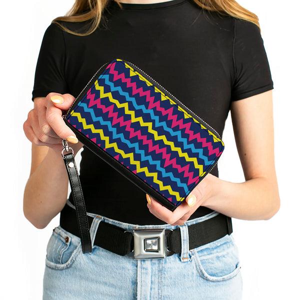 Buckle-Down PU Zip Around Wallet Rectangle - Scribble Zig Zag Stripe Navy/Multi Color