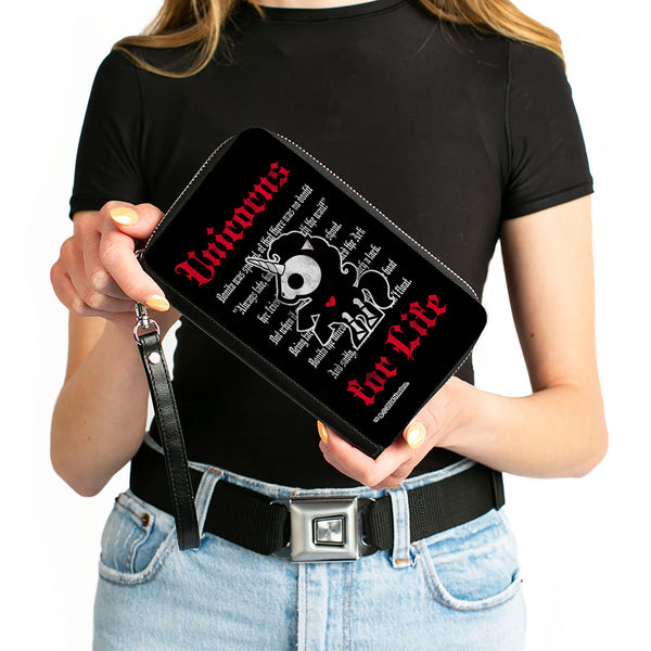 Buckle-Down PU Zip Around Wallet Rectangle - Skelanimals Bonita The Unicorn UNICORNS FOR LIFE Pose Black/Red/White