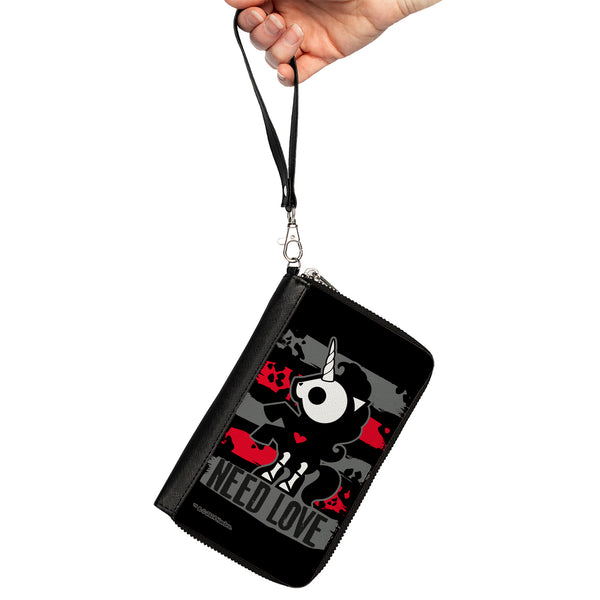 Buckle-Down PU Zip Around Wallet Rectangle - Skelanimals Bonita The Unicorn NEED LOVE Pose Black/Gray/Red/White
