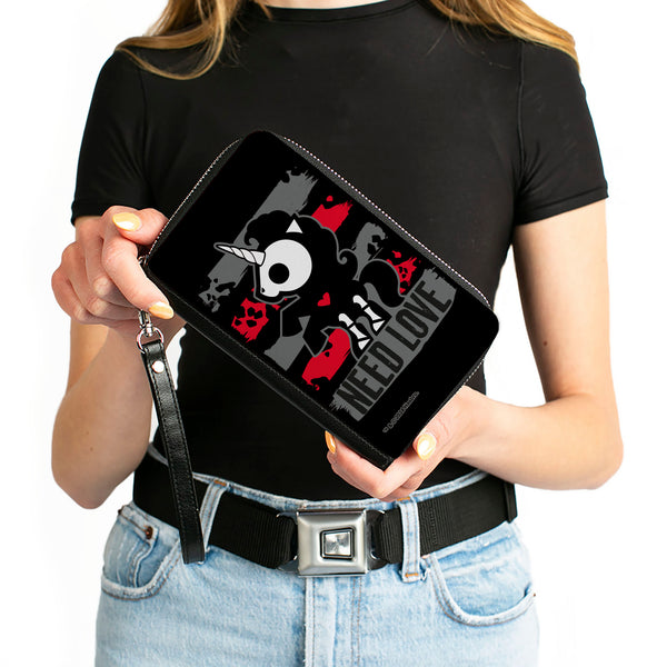 Buckle-Down PU Zip Around Wallet Rectangle - Skelanimals Bonita The Unicorn NEED LOVE Pose Black/Gray/Red/White