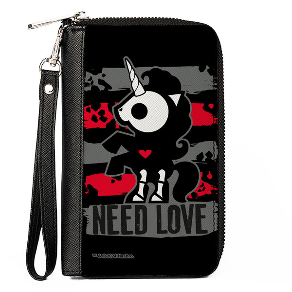 Buckle-Down PU Zip Around Wallet Rectangle - Skelanimals Bonita the Unicorn NEED LOVE Pose Black/Gray/Red/White