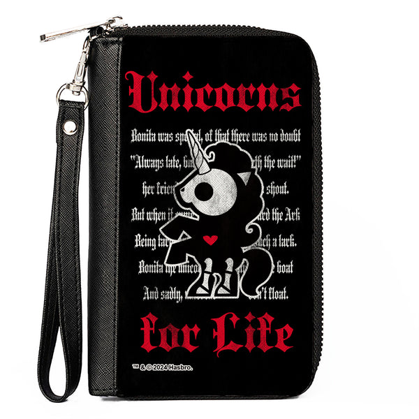 Buckle-Down PU Zip Around Wallet Rectangle - Skelanimals Bonita the Unicorn UNICORNS FOR LIFE Pose Black/Red/White