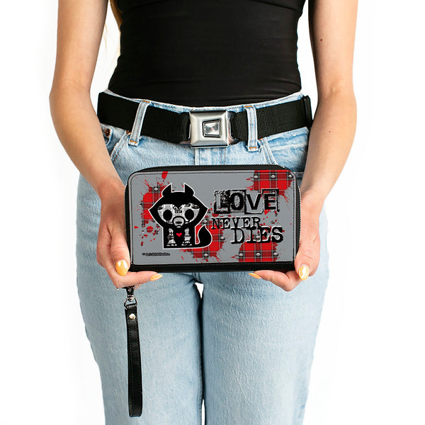 Buckle-Down PU Zip Around Wallet Rectangle - Skelanimals Jae The Wolf LOVE NEVER DIES Pose Gray/Black/Red