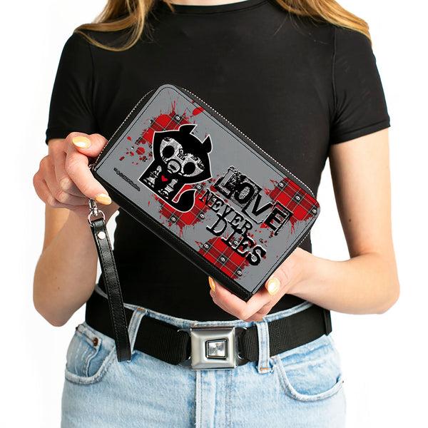 Buckle-Down PU Zip Around Wallet Rectangle - Skelanimals Jae The Wolf LOVE NEVER DIES Pose Gray/Black/Red