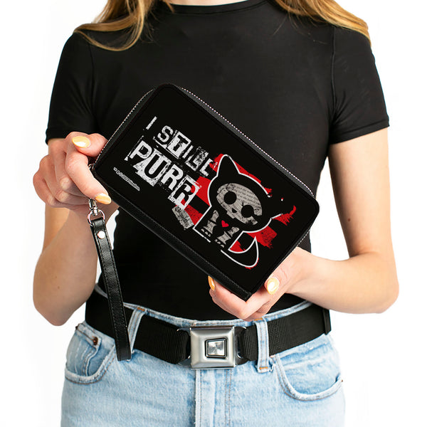 Buckle-Down PU Zip Around Wallet Rectangle - Skelanimals Kit The Cat I STILL PURR Pose Red/Black/White