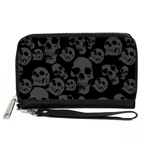 Buckle-Down PU Zip Around Wallet Rectangle - Skulls Stacked Weathered Black/Gray